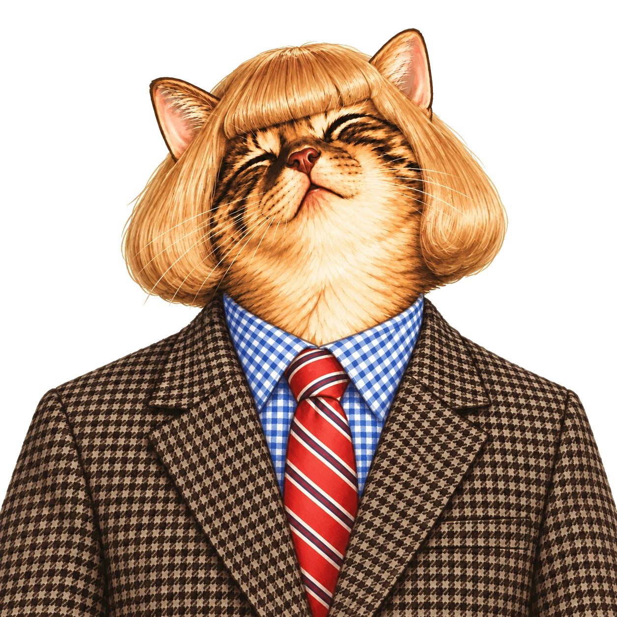 Philcate, an impeccably dressed tabby cat with a blonde bob, patterned suit and red silk tie